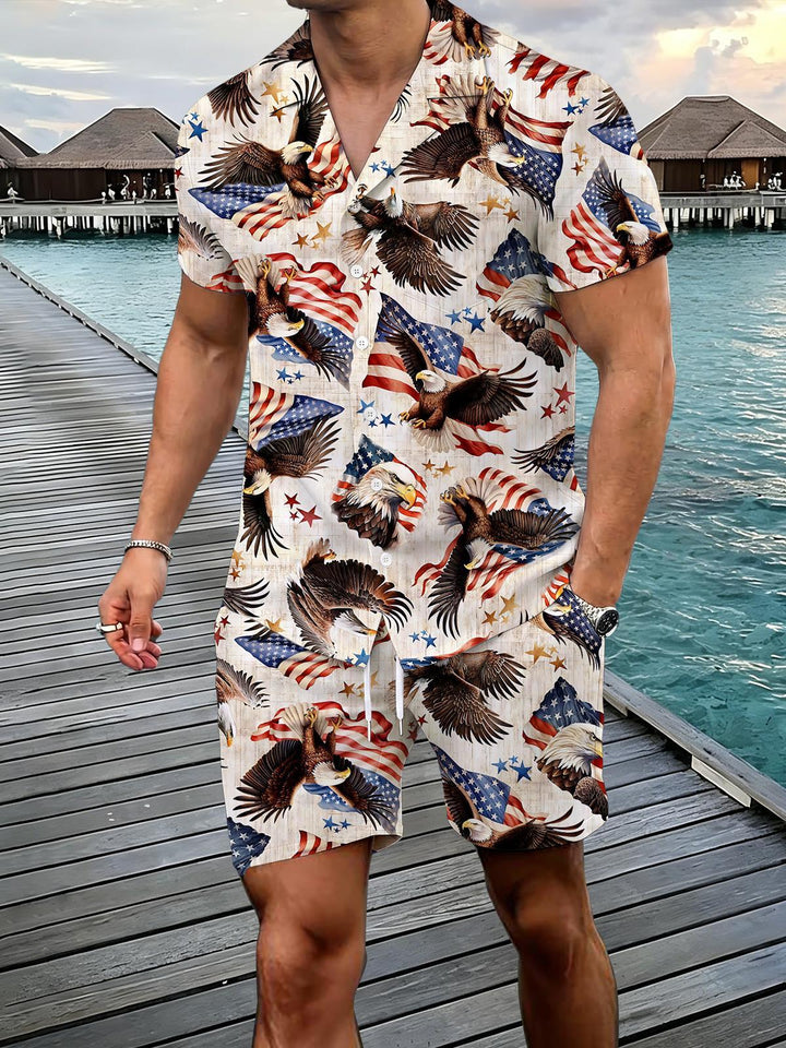 Independence Day American Flag Eagle Men's Pocket Short Sleeve Set
