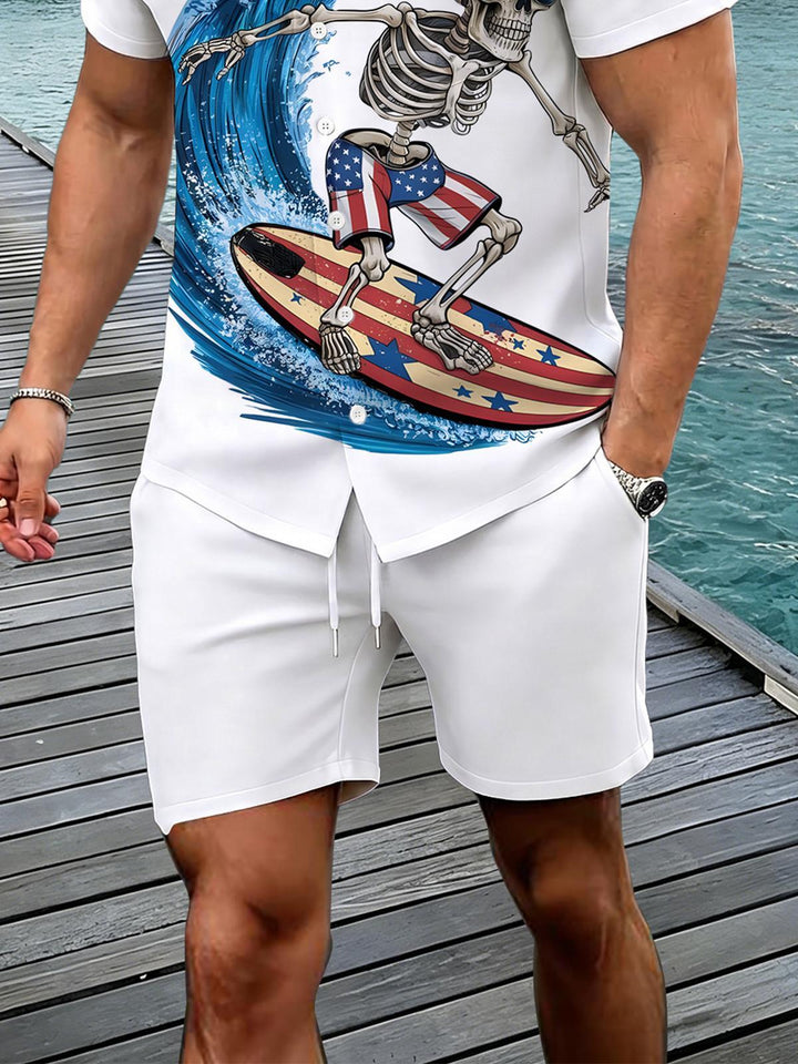 Independence Day Skull Print Men's Pocket Short Sleeve Set