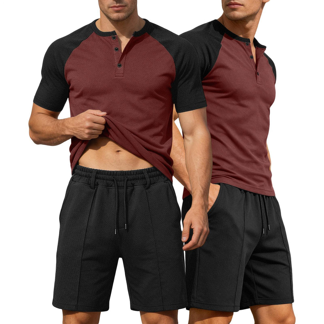 Mens Summer Track Suits 2 Piece Color Block Textured Raglan Short Sleeve T Shirts and Shorts Sets for Travel adaptable