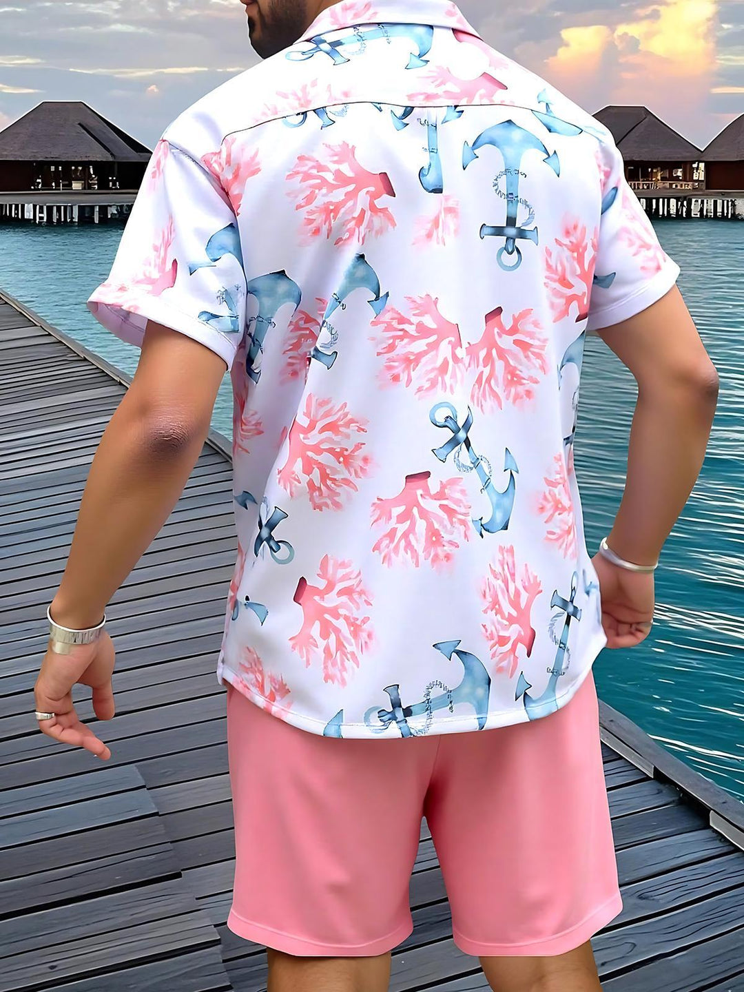 Hawaiian Floral Marine Anchor Men's Short Sleeve Pocket Shirts And Shorts Set