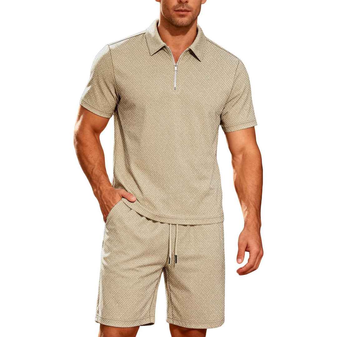 Mens Short Sets 2 Piece Outfits Textured 2 Piece Short Sleeve Collared Quarter Zip Sweatsuit Sets for Travel efficient
