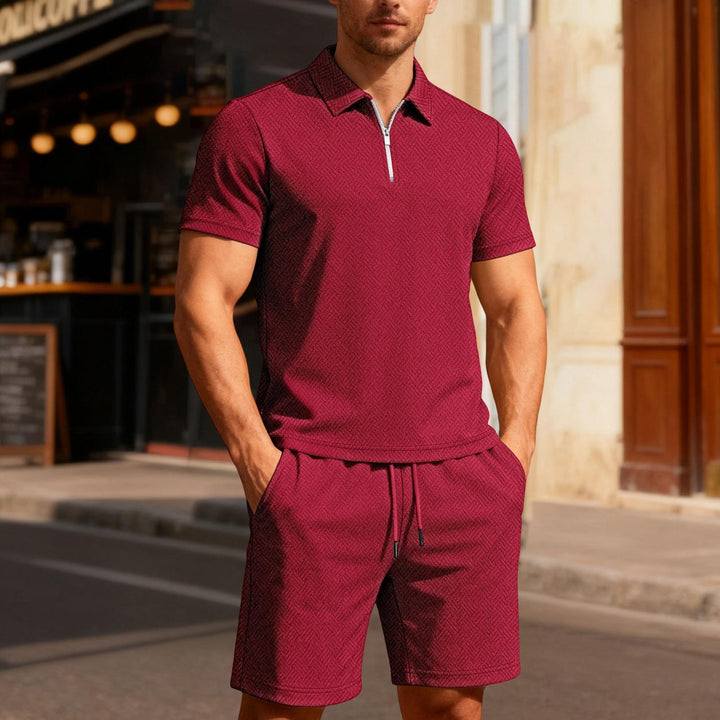 Mens Short Sets 2 Piece Outfits Textured 2 Piece Short Sleeve Collared Quarter Zip Sweatsuit Sets for Travel efficient