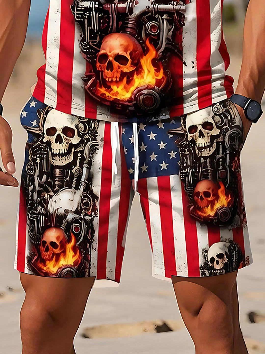Independence Day American Dark Mechanical Skull Flame Element American Flag Men's Short Sleeve Zipper Polo Sets