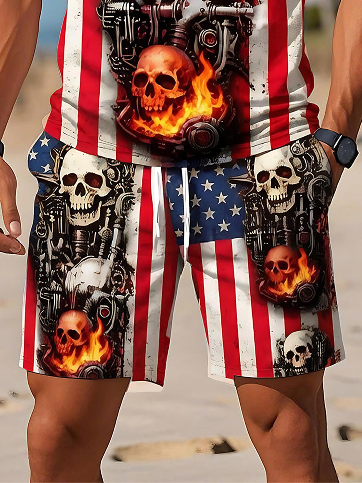 Independence Day American Dark Mechanical Skull Flame Element American Flag Men's Short Sleeve Zipper Polo Sets