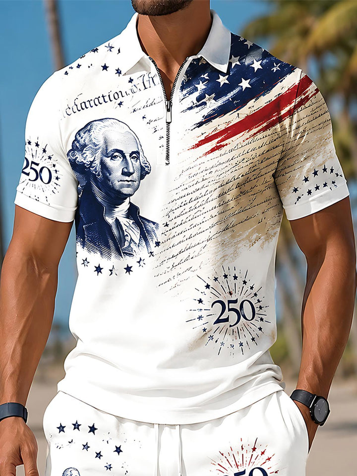 USA 250th Anniversary Independence Day Founding Father Washington Independence Declaration Men's Short Sleeve Zipper Polo Set