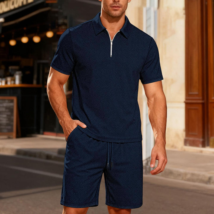 Mens Short Sets 2 Piece Outfits Textured 2 Piece Short Sleeve Collared Quarter Zip Sweatsuit Sets for Travel efficient