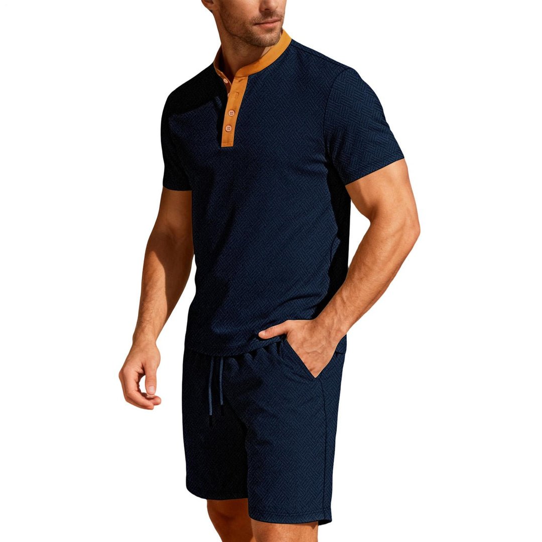 Mens Short Sets 2 Piece Outfits Textured 2 Piece Summer Short Sleeve Crewnek Button Sweatsuit Sets for Gym great gift