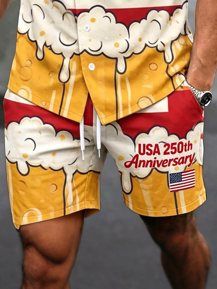 America 250th Anniversary Beer Foam American Flag Independence Day Men's Pocket Short Sleeve Sets
