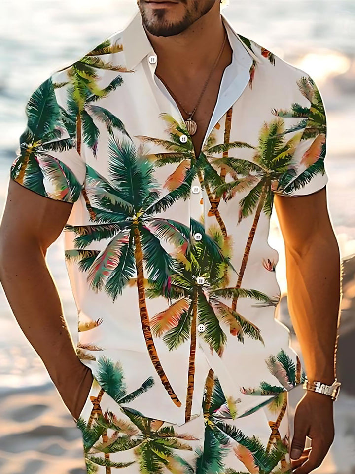 Hawaiian Palm Tree Print Men's Pocket Short Sleeve Sets