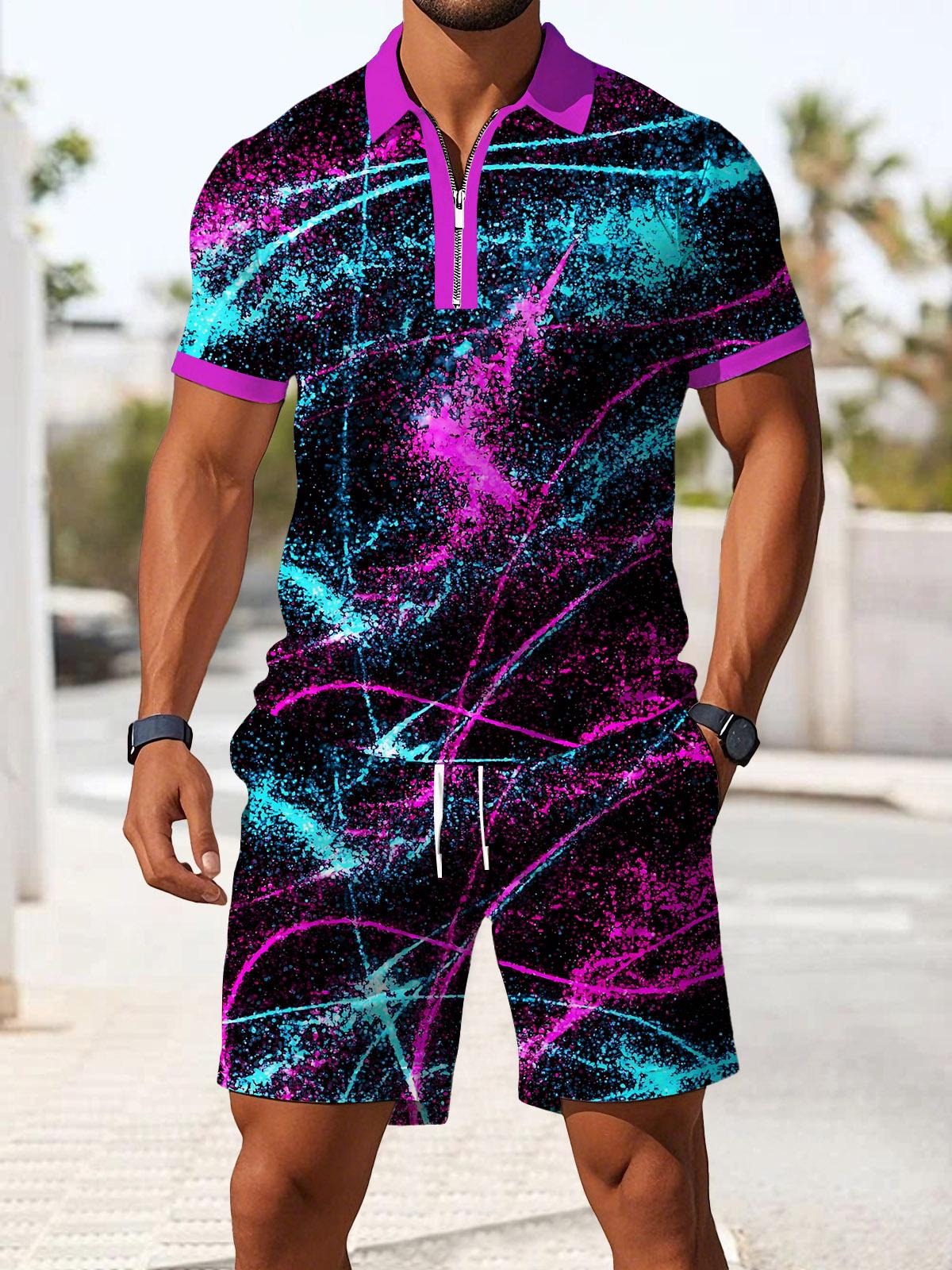Abstract Print Men's Short Sleeve Zipper Polo And Shorts Set