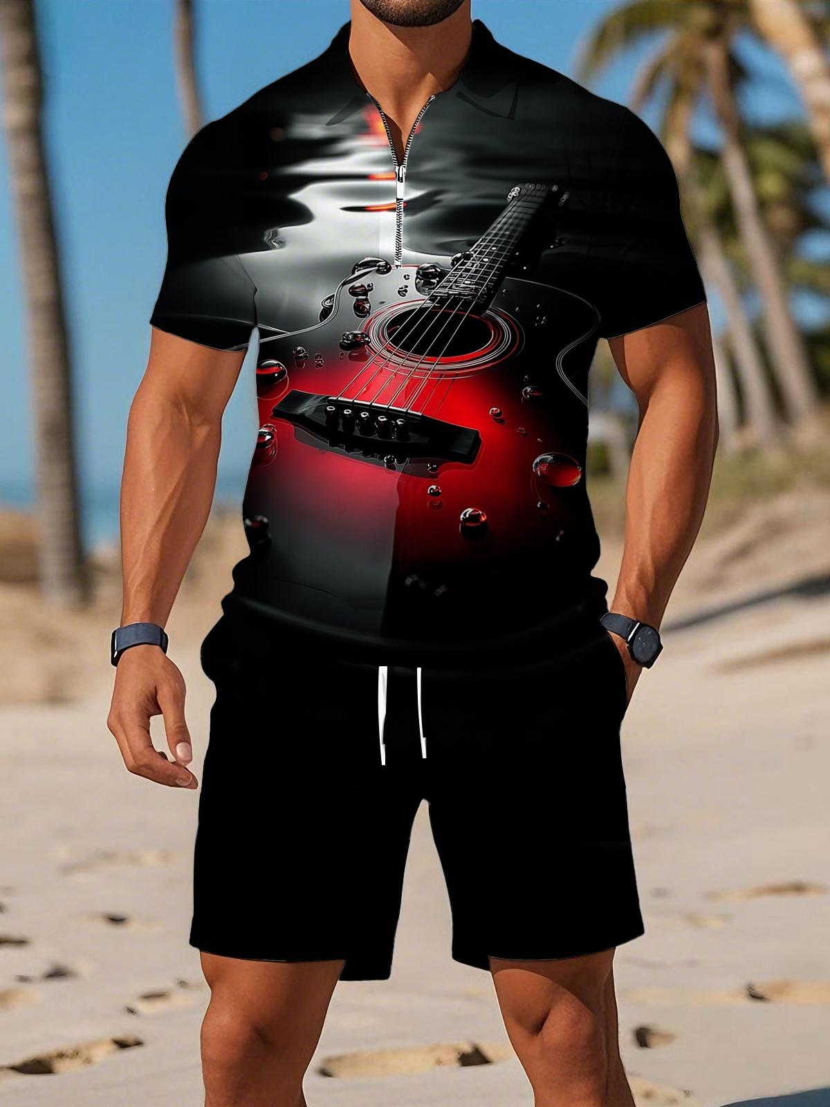 Guitar Art Print Men's Short Sleeve Zipper Polo And Shorts Set