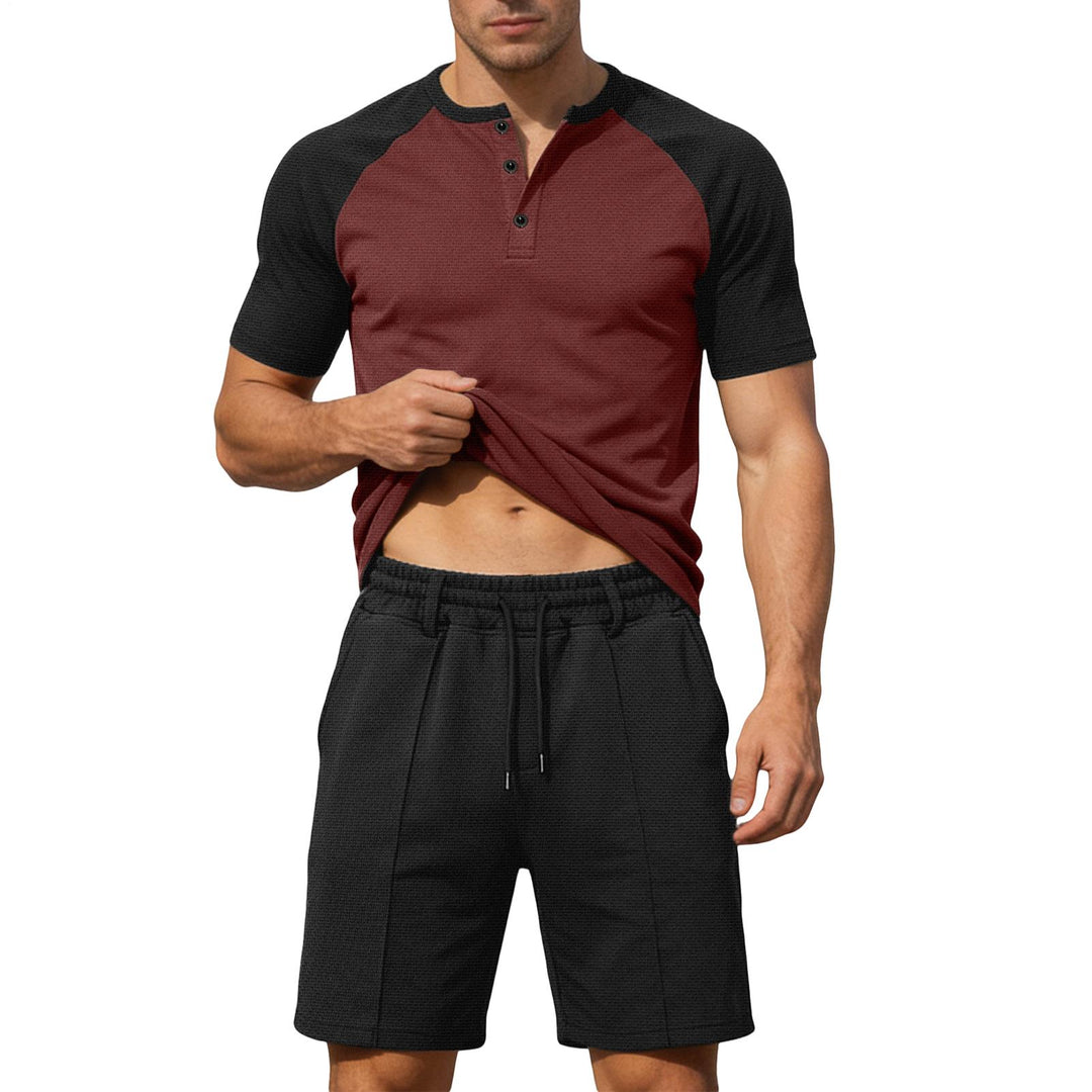 Mens Summer Track Suits 2 Piece Color Block Textured Raglan Short Sleeve T Shirts and Shorts Sets for Travel adaptable