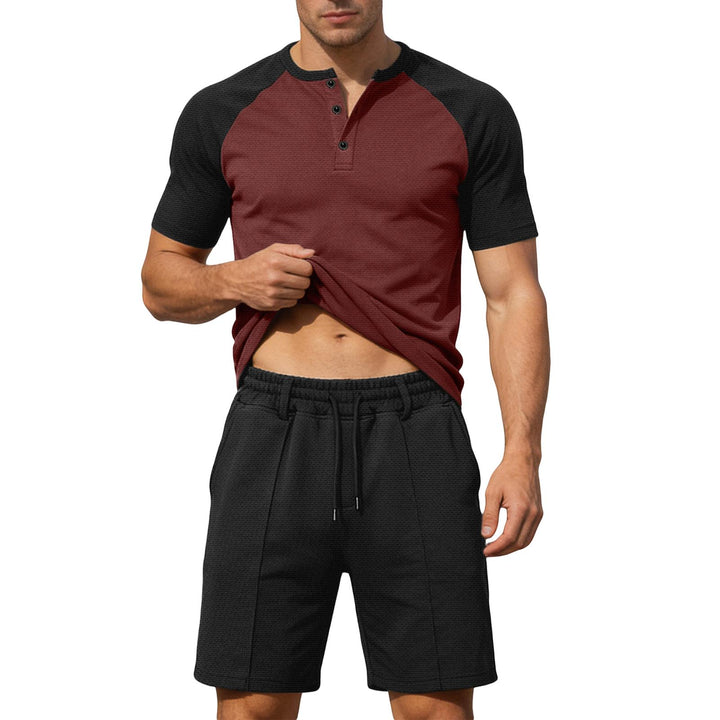 Mens Summer Track Suits 2 Piece Color Block Textured Raglan Short Sleeve T Shirts and Shorts Sets for Travel adaptable