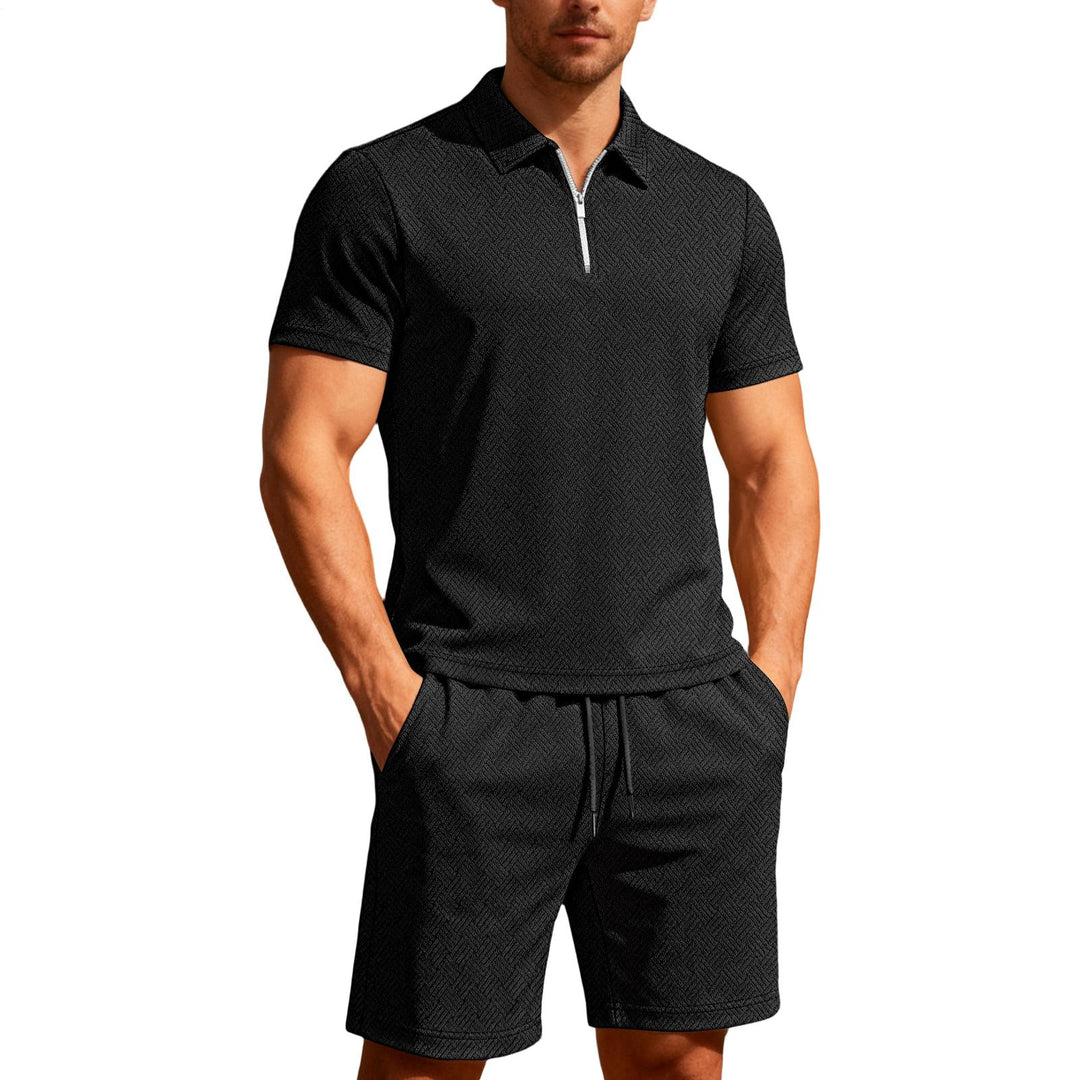 Mens Short Sets 2 Piece Outfits Textured 2 Piece Short Sleeve Collared Quarter Zip Sweatsuit Sets for Travel efficient