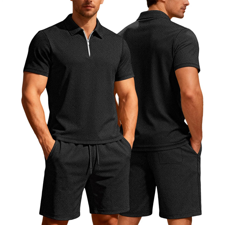 Mens Short Sets 2 Piece Outfits Textured 2 Piece Short Sleeve Collared Quarter Zip Sweatsuit Sets for Travel efficient