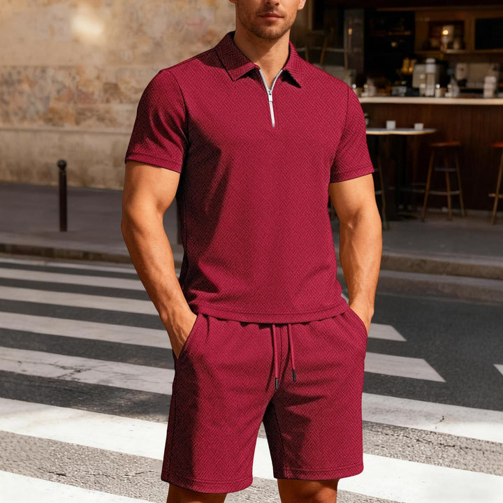 Mens Short Sets 2 Piece Outfits Textured 2 Piece Short Sleeve Collared Quarter Zip Sweatsuit Sets for Travel efficient