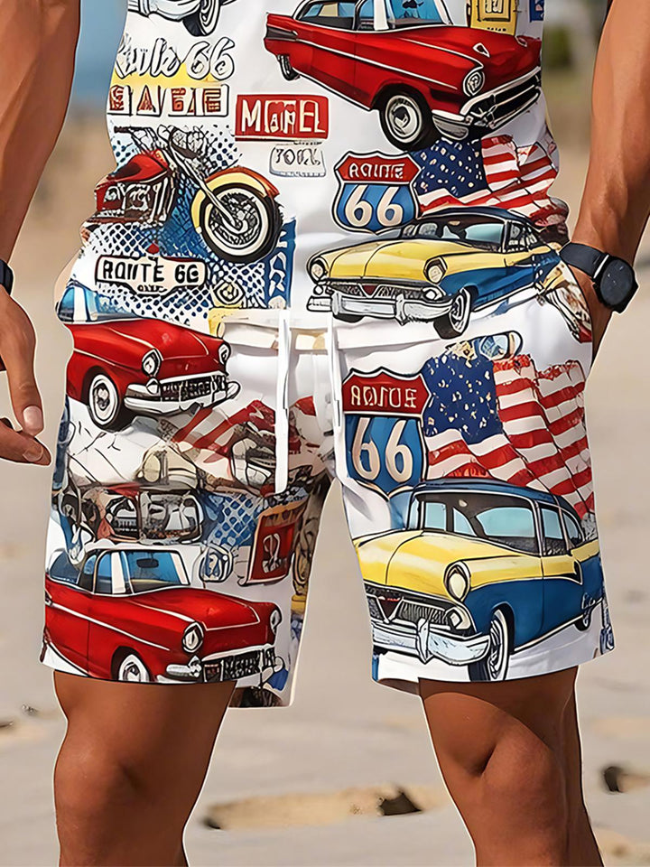 Independence Day Route 66 Vintage Classic Car American Motorcycle Men's Short Sleeve Zipper Polo Sets