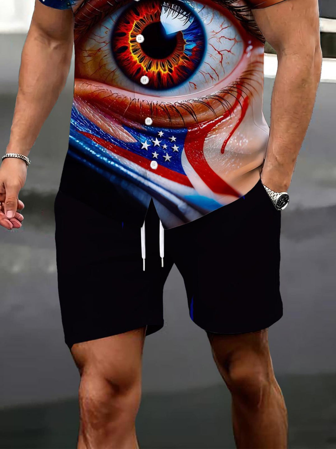 Independence Day Eye Print Men's Pocket Short Sleeve Set