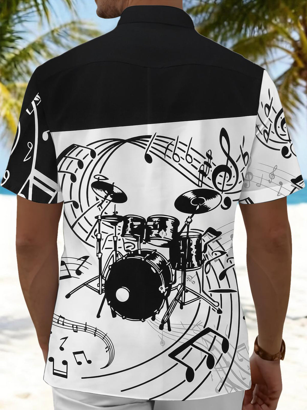 Drum Set Note Print Men's Pocket Short Sleeve Shirts
