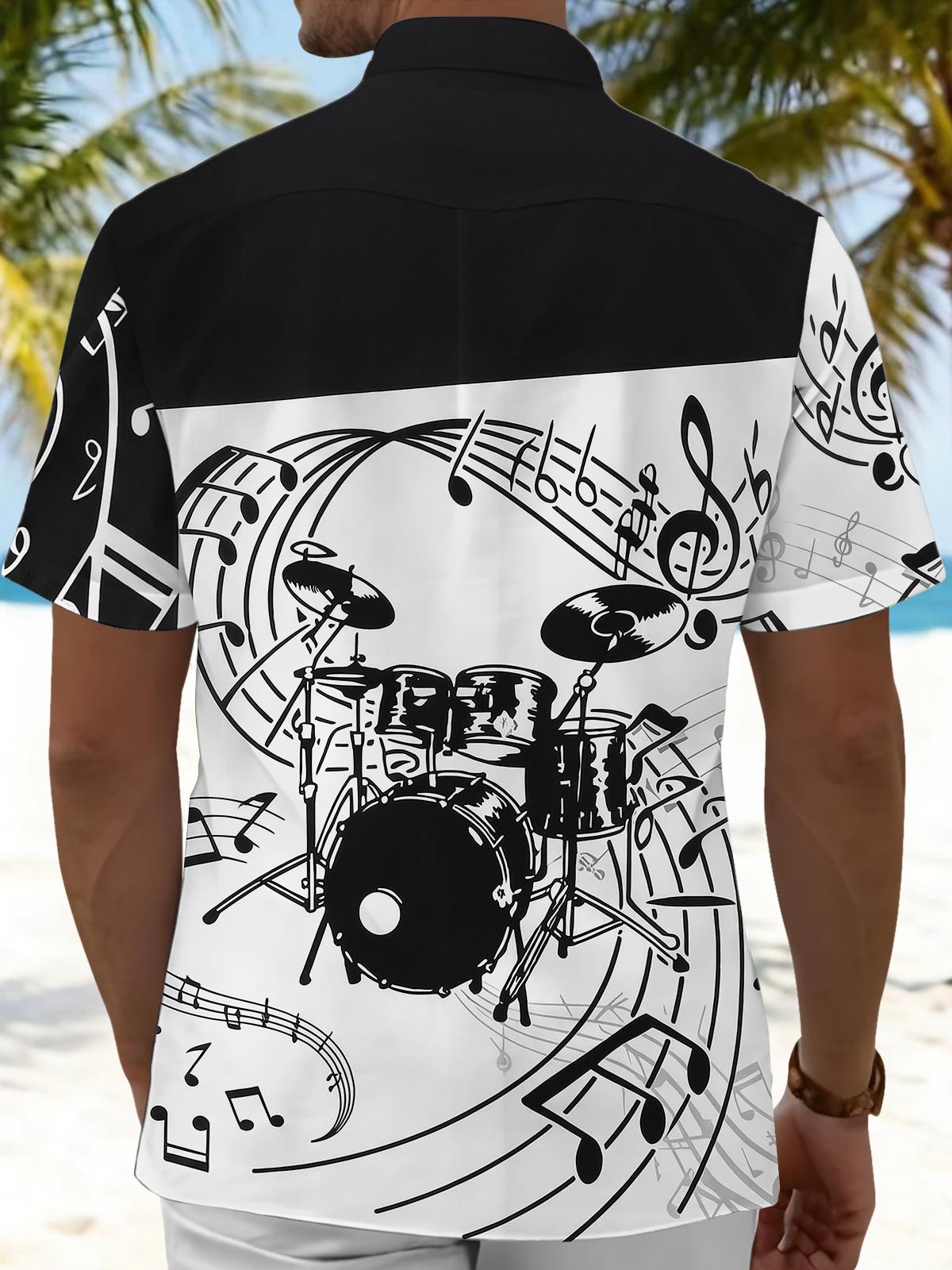 Drum Set Note Print Men's Pocket Short Sleeve Shirts