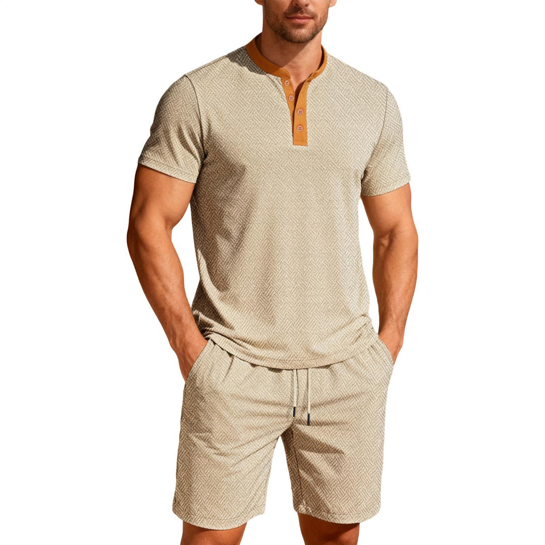 Mens Short Sets 2 Piece Outfits Textured 2 Piece Summer Short Sleeve Crewnek Button Sweatsuit Sets for Gym great gift