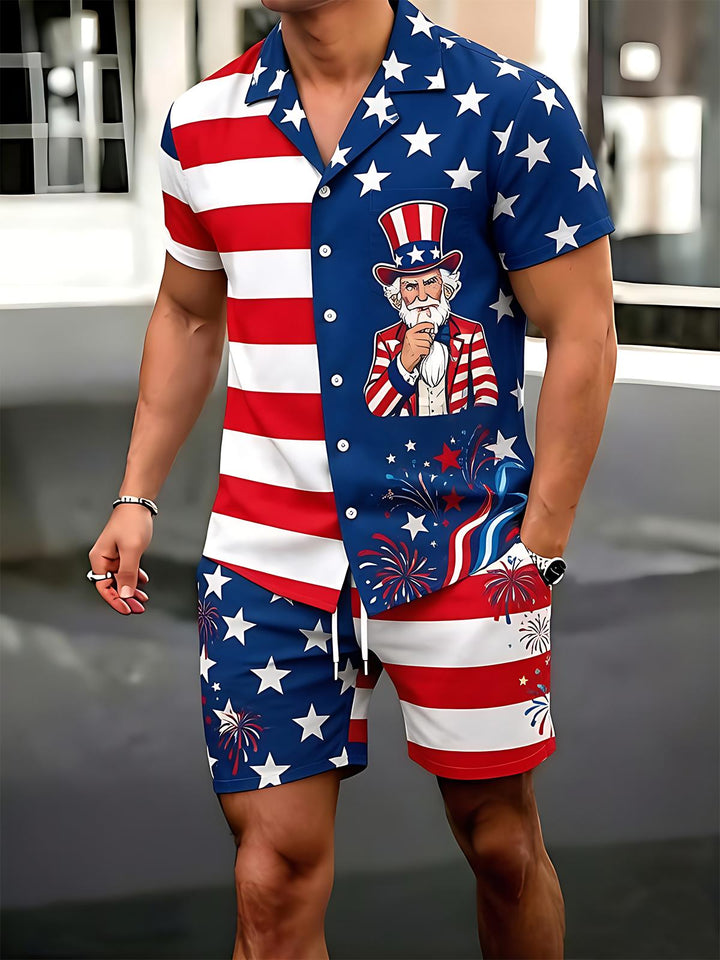 Independence Day Uncle Sam American Flag Split Men's Pocket Short Sleeve Set