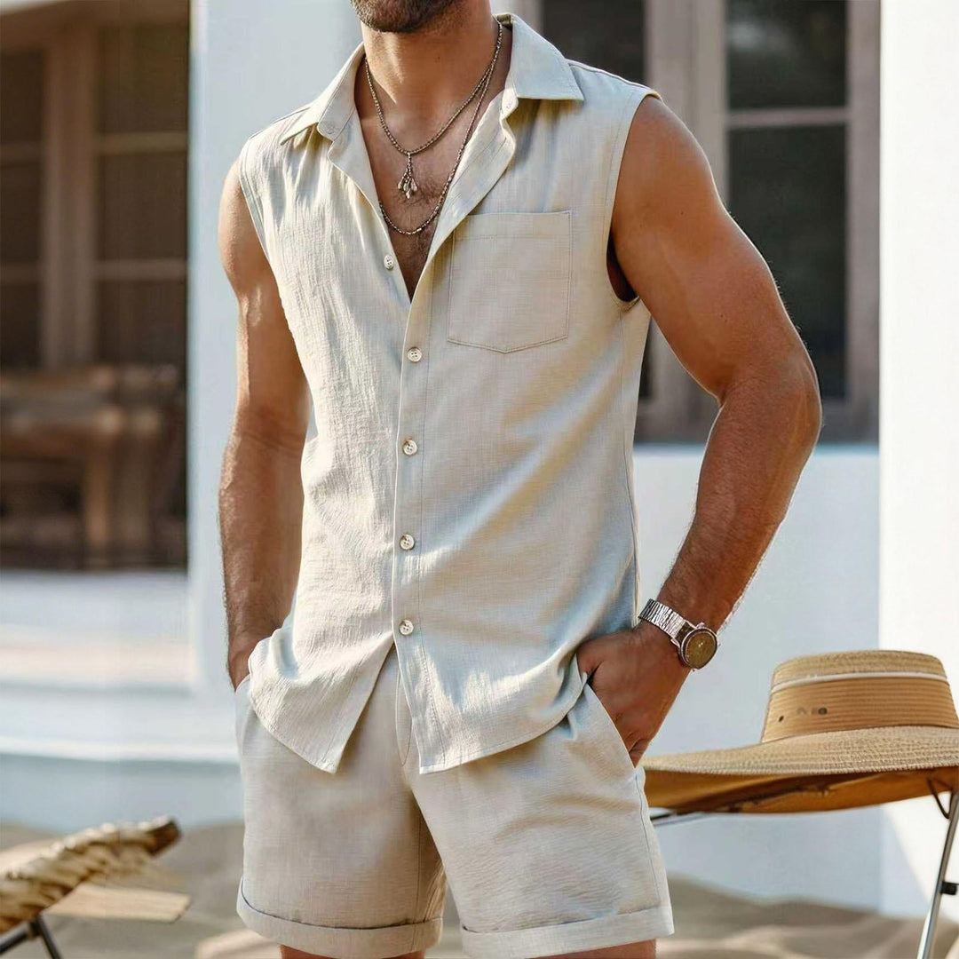 Mens 2 Piece Short Set Sleeveless Collared Button Down Vest with Shorts Casual Vacation Outfits Daily Wear clever