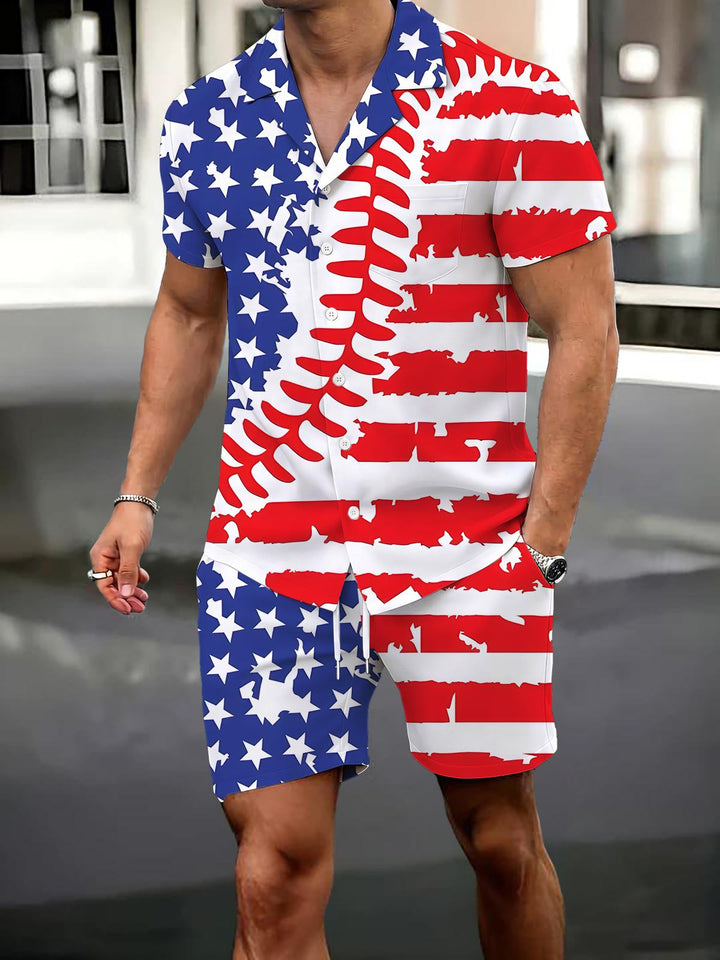 Independence Day Baseball Print Men's Pocket Short Sleeve Set