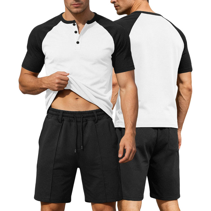 Mens Summer Track Suits 2 Piece Color Block Textured Raglan Short Sleeve T Shirts and Shorts Sets for Travel adaptable