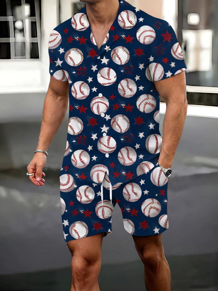 Independence Day Baseball Print Men's Pocket Short Sleeve Set