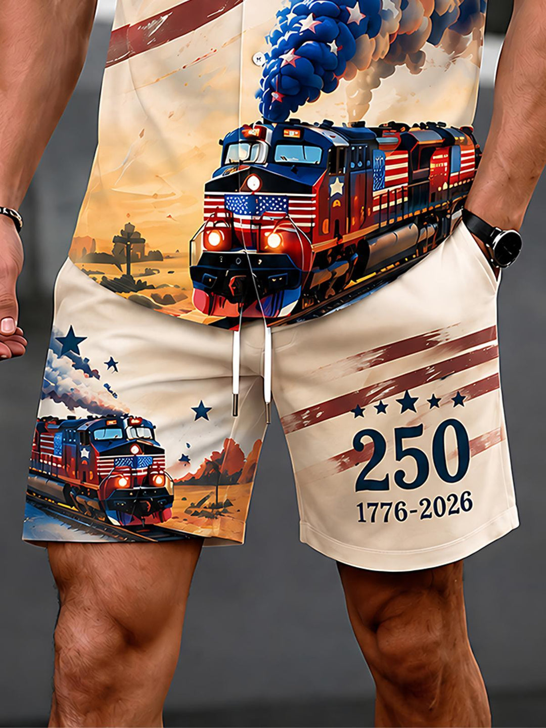 USA 250th Anniversary Train Independence Day Men's Pocket Short Sleeve Set
