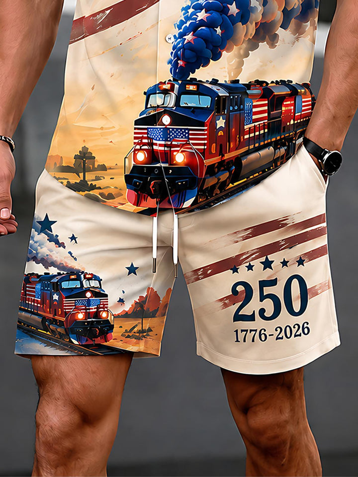 USA 250th Anniversary Train Independence Day Men's Pocket Short Sleeve Set