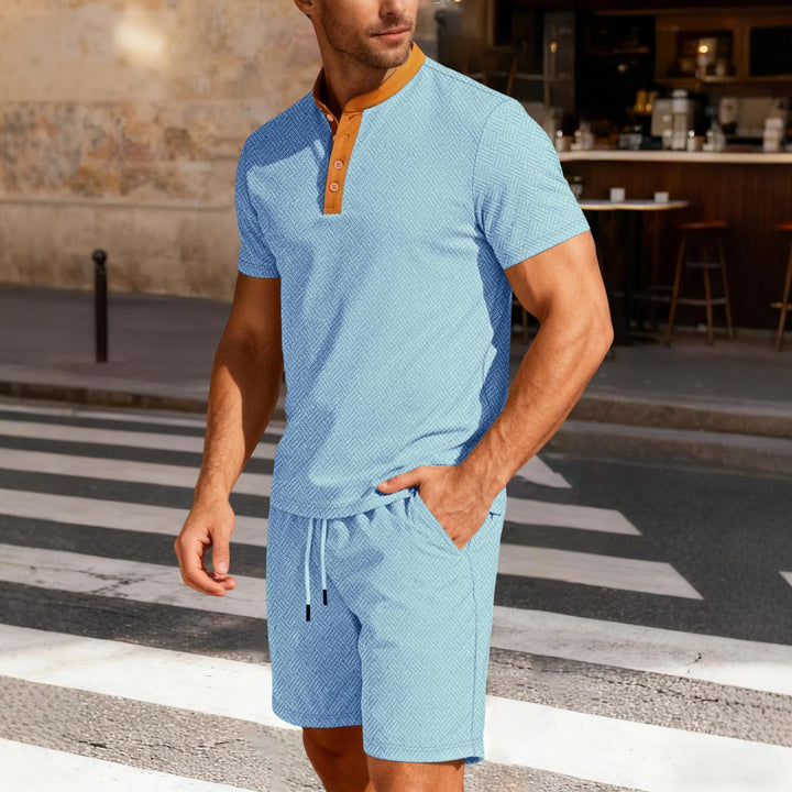 Mens Short Sets 2 Piece Outfits Textured 2 Piece Summer Short Sleeve Crewnek Button Sweatsuit Sets for Gym great gift