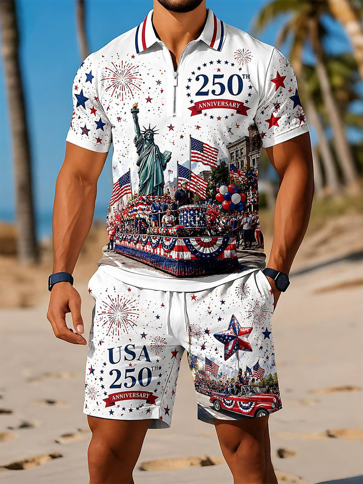 Independence Day USA 250th Anniversary Statue Of Liberty Parade Men's Short Sleeve Zipper Polo Set