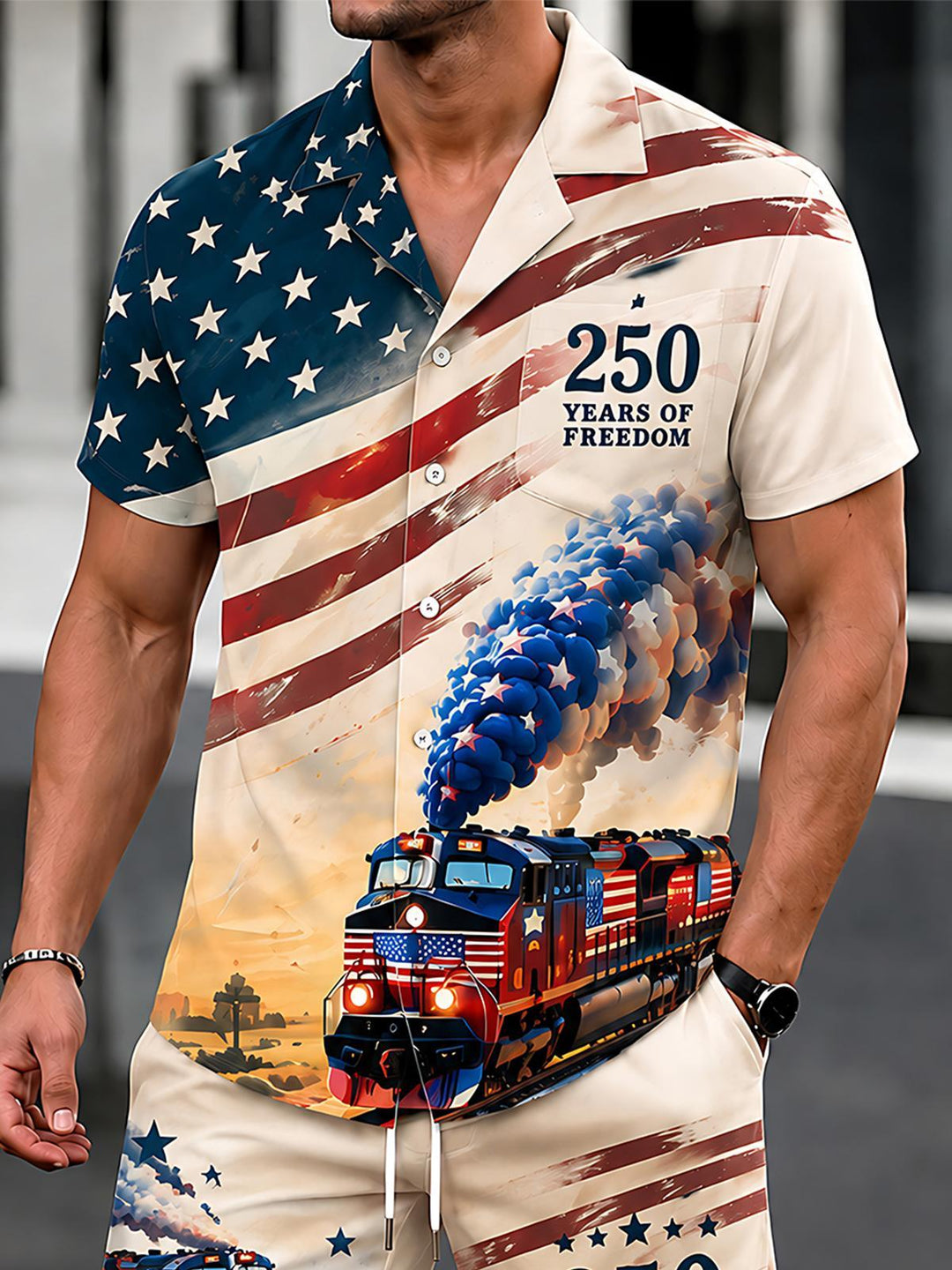 USA 250th Anniversary Train Independence Day Men's Pocket Short Sleeve Set