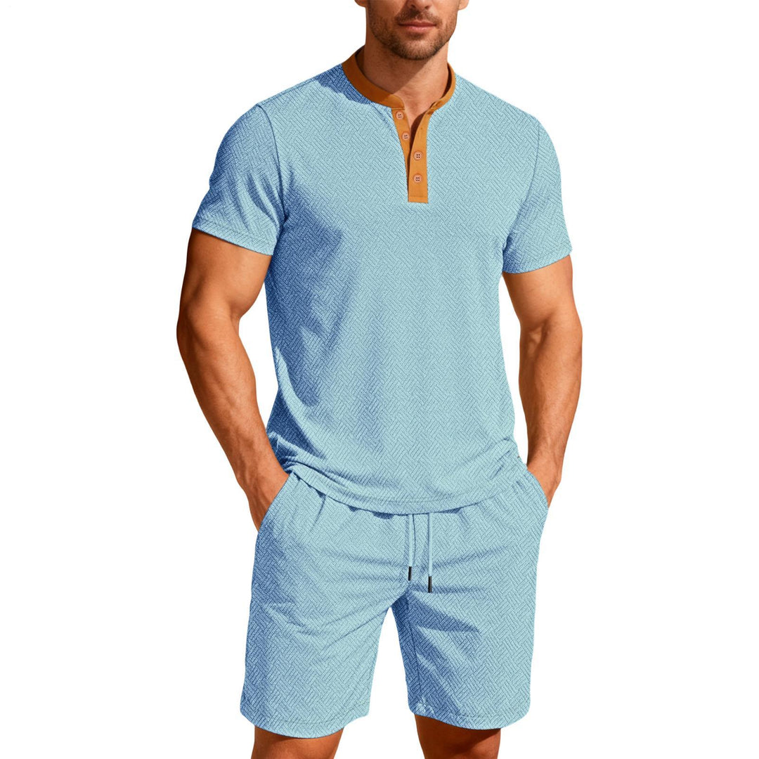 Mens Short Sets 2 Piece Outfits Textured 2 Piece Summer Short Sleeve Crewnek Button Sweatsuit Sets for Gym great gift