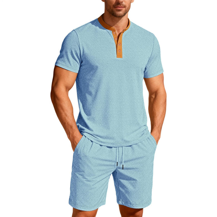Mens Short Sets 2 Piece Outfits Textured 2 Piece Summer Short Sleeve Crewnek Button Sweatsuit Sets for Gym great gift