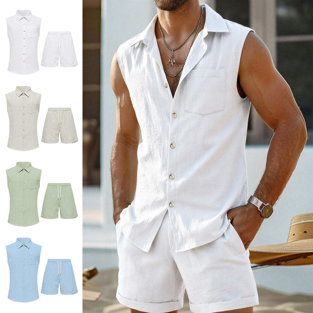 Mens 2 Piece Short Set Sleeveless Collared Button Down Vest with Shorts Casual Vacation Outfits Daily Wear clever