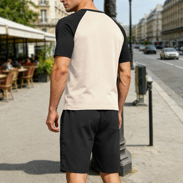 Mens Summer Track Suits 2 Piece Color Block Textured Raglan Short Sleeve T Shirts and Shorts Sets for Travel adaptable