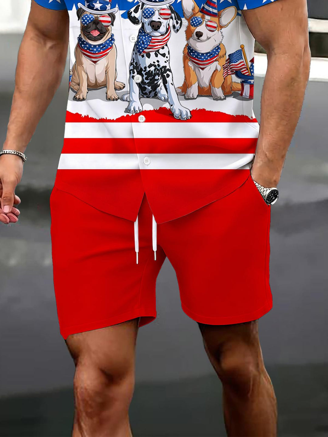 Independence Day Dog Print Men's Pocket Short Sleeve Set