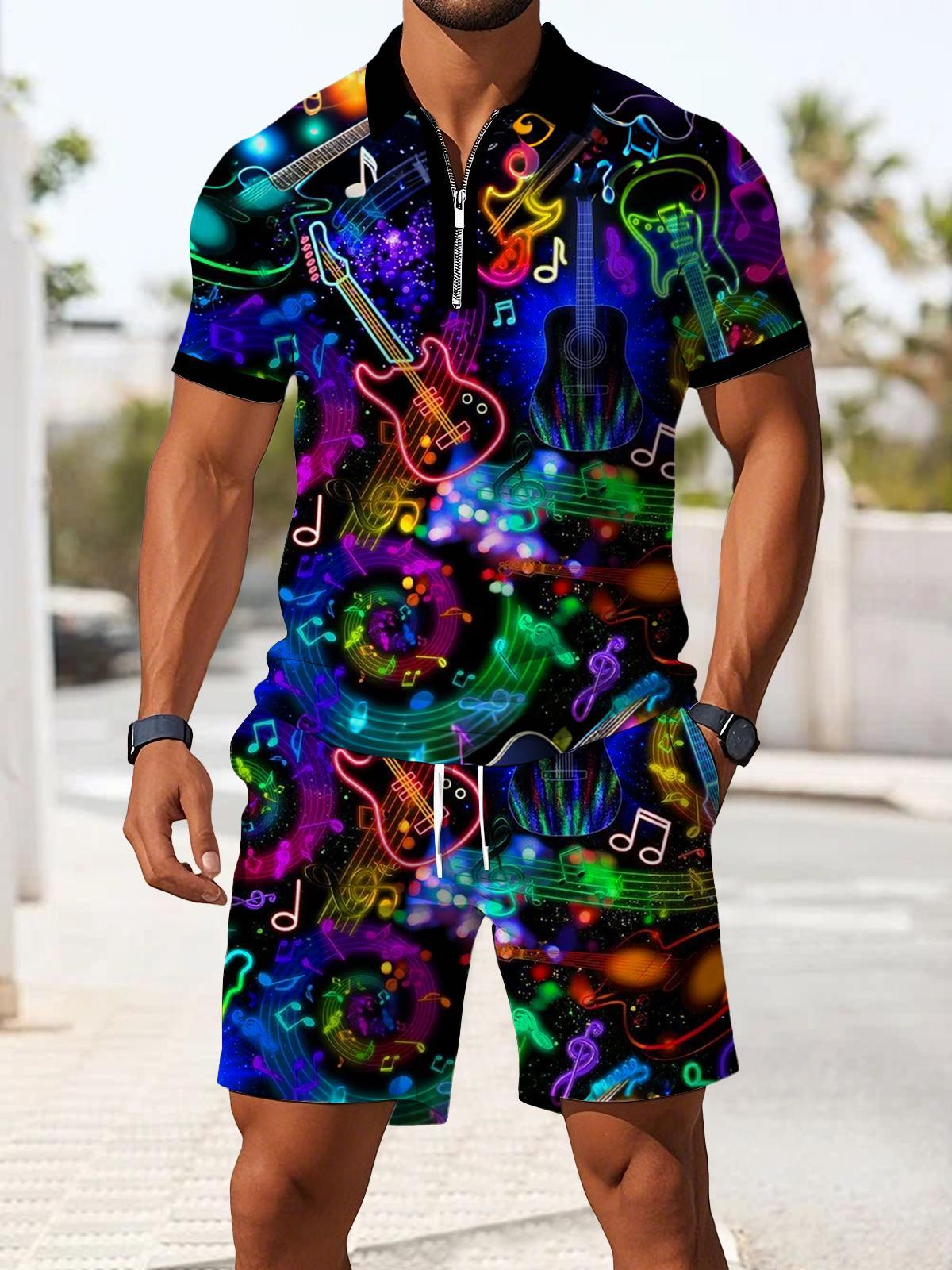 Guitar Music Art Print Men's Short Sleeve Zipper Polo And Shorts Set