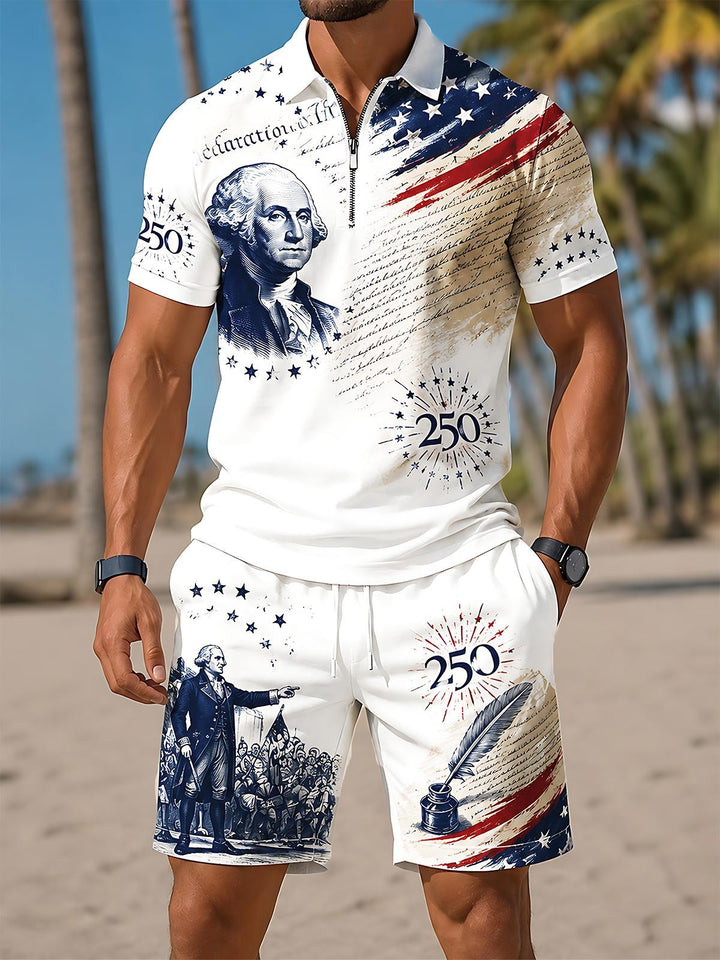 USA 250th Anniversary Independence Day Founding Father Washington Independence Declaration Men's Short Sleeve Zipper Polo Set
