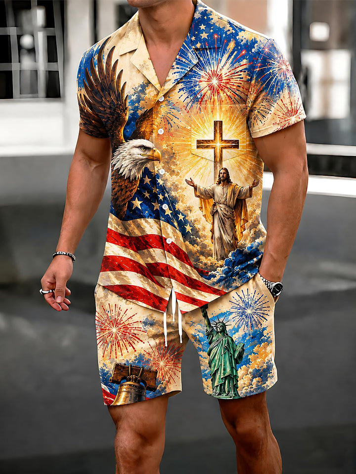 American Independence Day Faith Freedom Jesus Religious Eagle Men's Pocket Short Sleeve Set