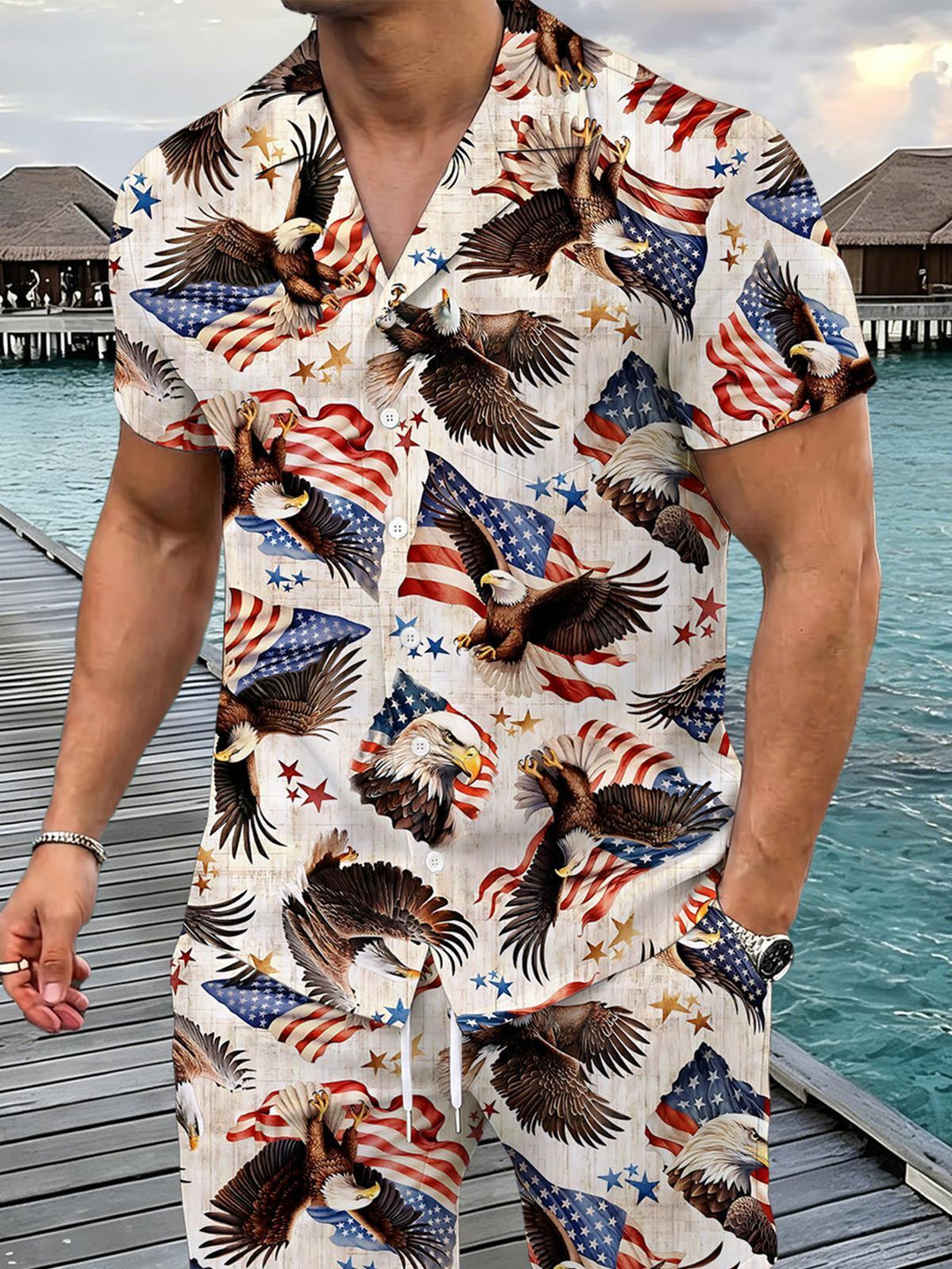 Independence Day American Flag Eagle Men's Pocket Short Sleeve Set