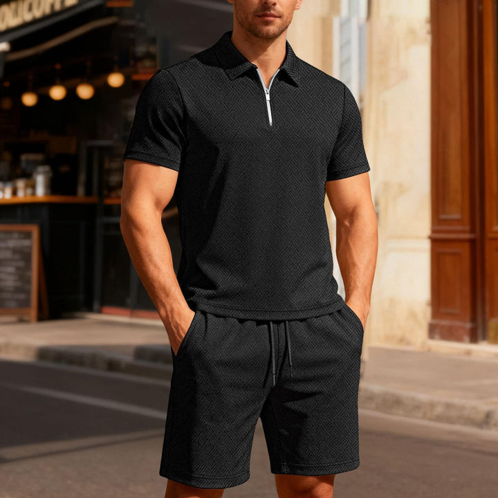 Mens Short Sets 2 Piece Outfits Textured 2 Piece Short Sleeve Collared Quarter Zip Sweatsuit Sets for Travel efficient