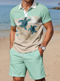 Beach Turtle Print Men's Short Sleeve Zipper Polo And Shorts Set