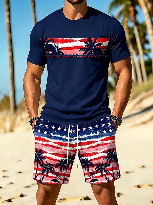 Independence Coconut Tree Men's Short Sleeve Round Neck T-shirt And Shorts Set