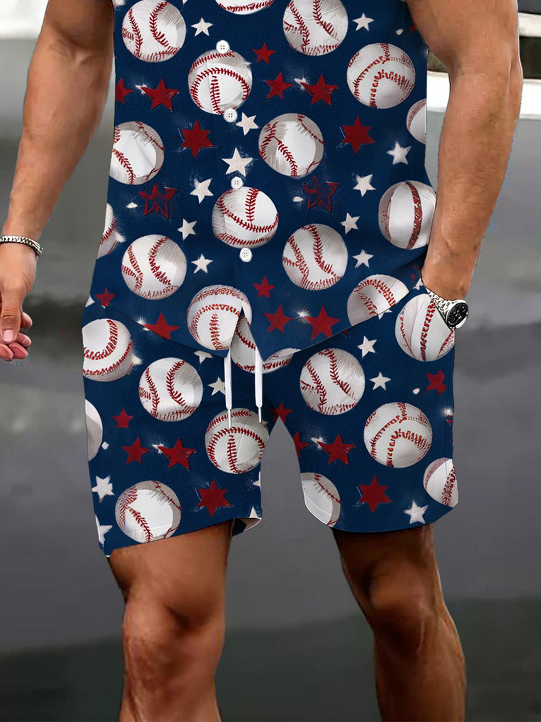 Independence Day Baseball Print Men's Pocket Short Sleeve Set