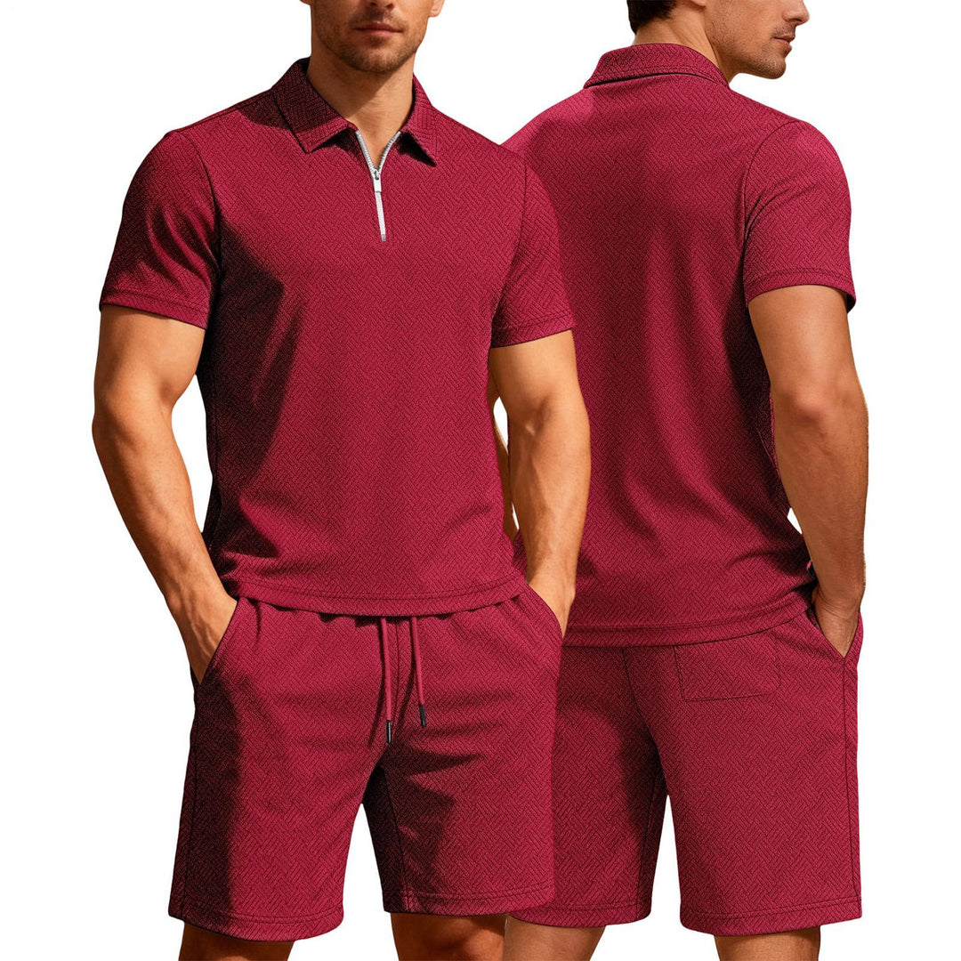 Mens Short Sets 2 Piece Outfits Textured 2 Piece Short Sleeve Collared Quarter Zip Sweatsuit Sets for Travel efficient