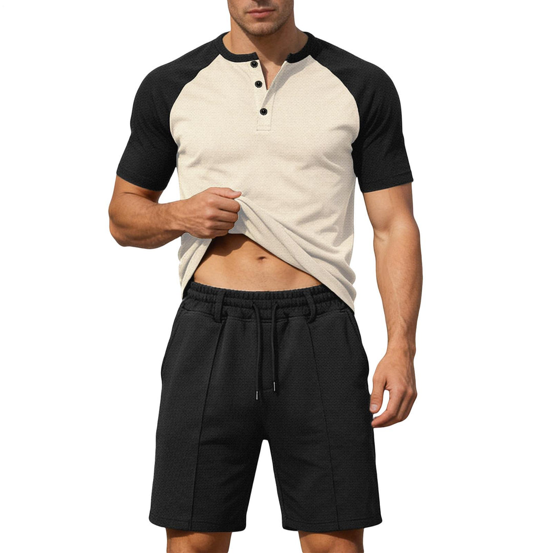 Mens Summer Track Suits 2 Piece Color Block Textured Raglan Short Sleeve T Shirts and Shorts Sets for Travel adaptable